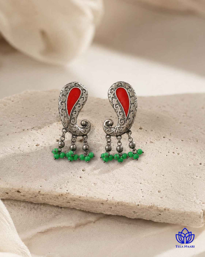 Latika Silver Plated Red Green Peacock Necklace Set