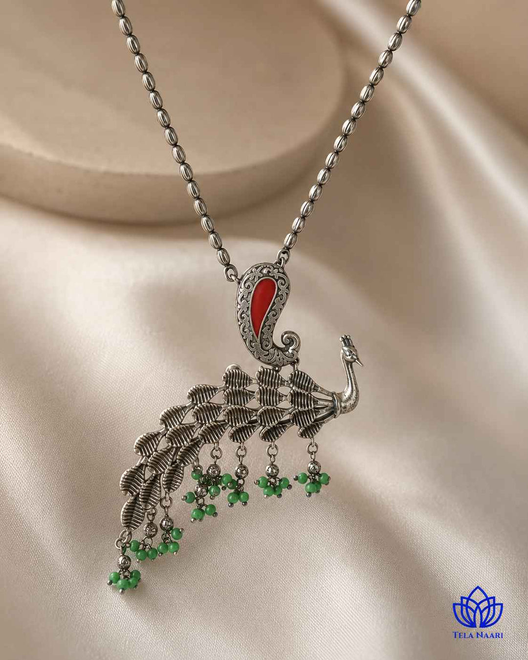 Latika Silver Plated Red Green Peacock Necklace Set