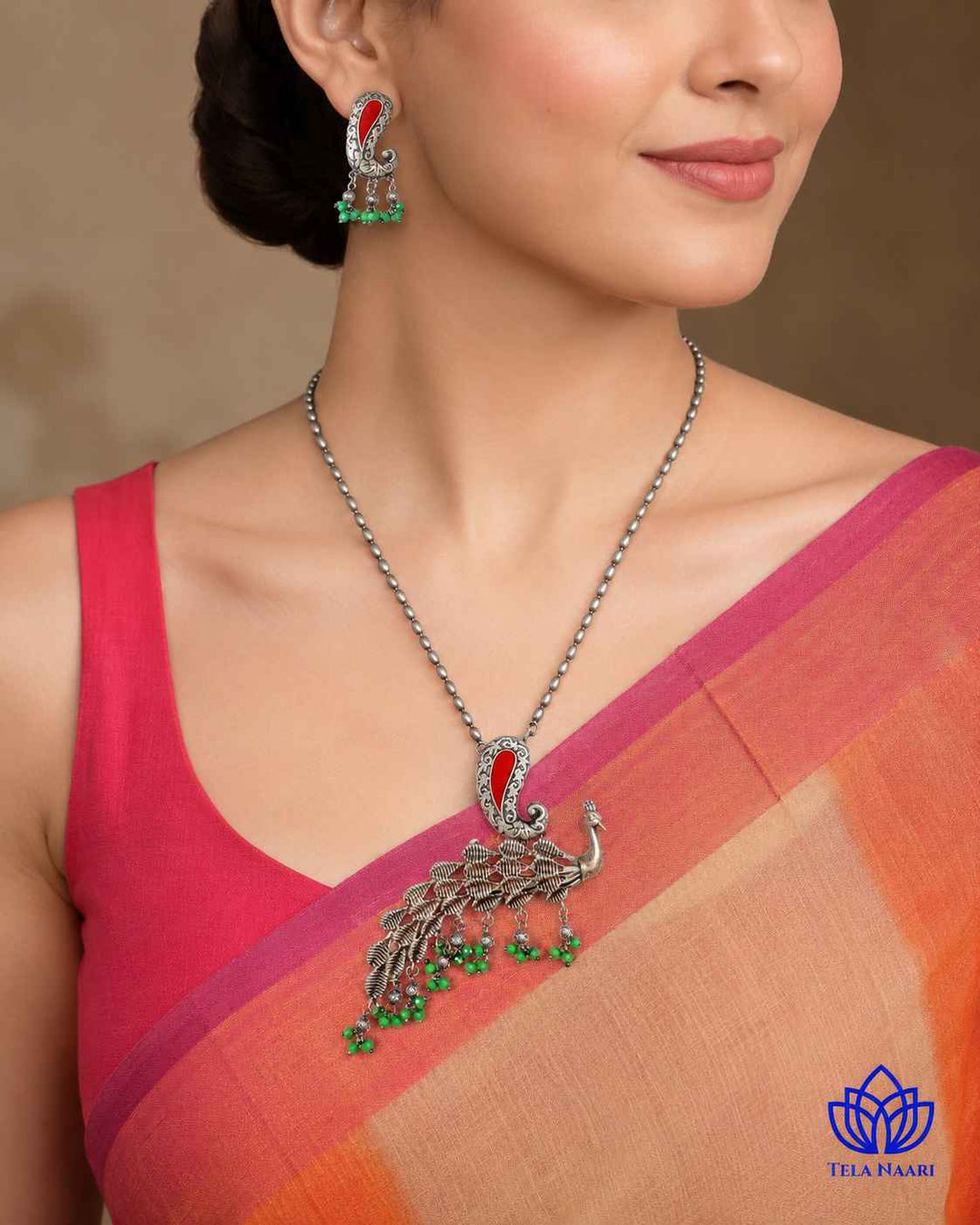 Latika Silver Plated Red Green Peacock Necklace Set