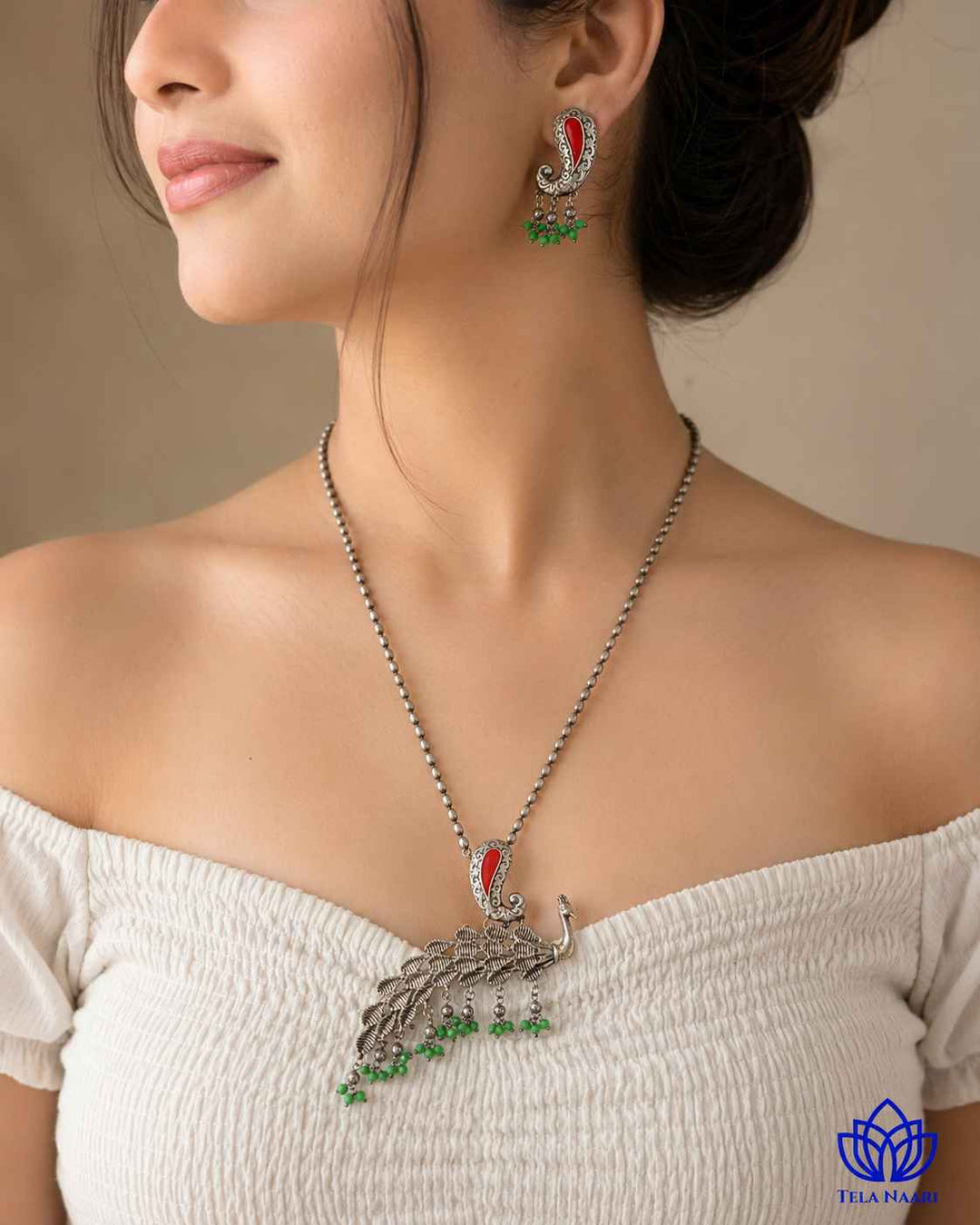 Latika Silver Plated Red Green Peacock Necklace Set
