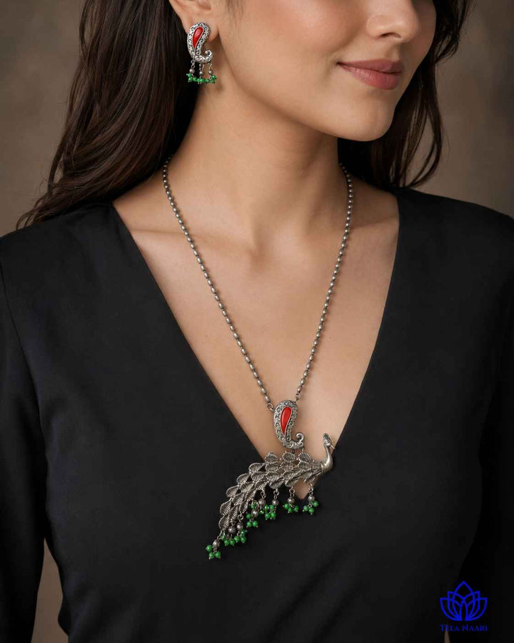 Latika Silver Plated Red Green Peacock Necklace Set