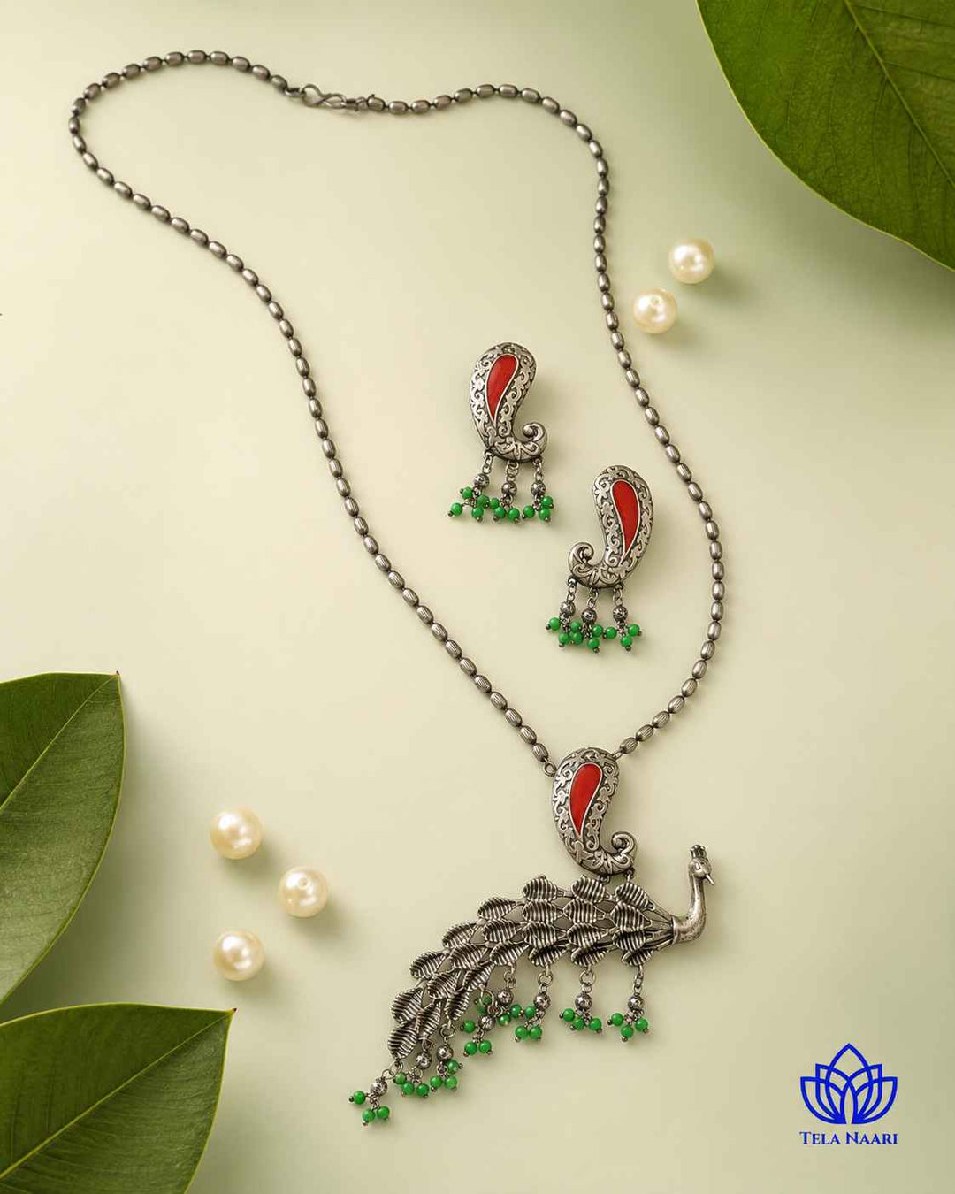 Latika Silver Plated Red Green Peacock Necklace Set