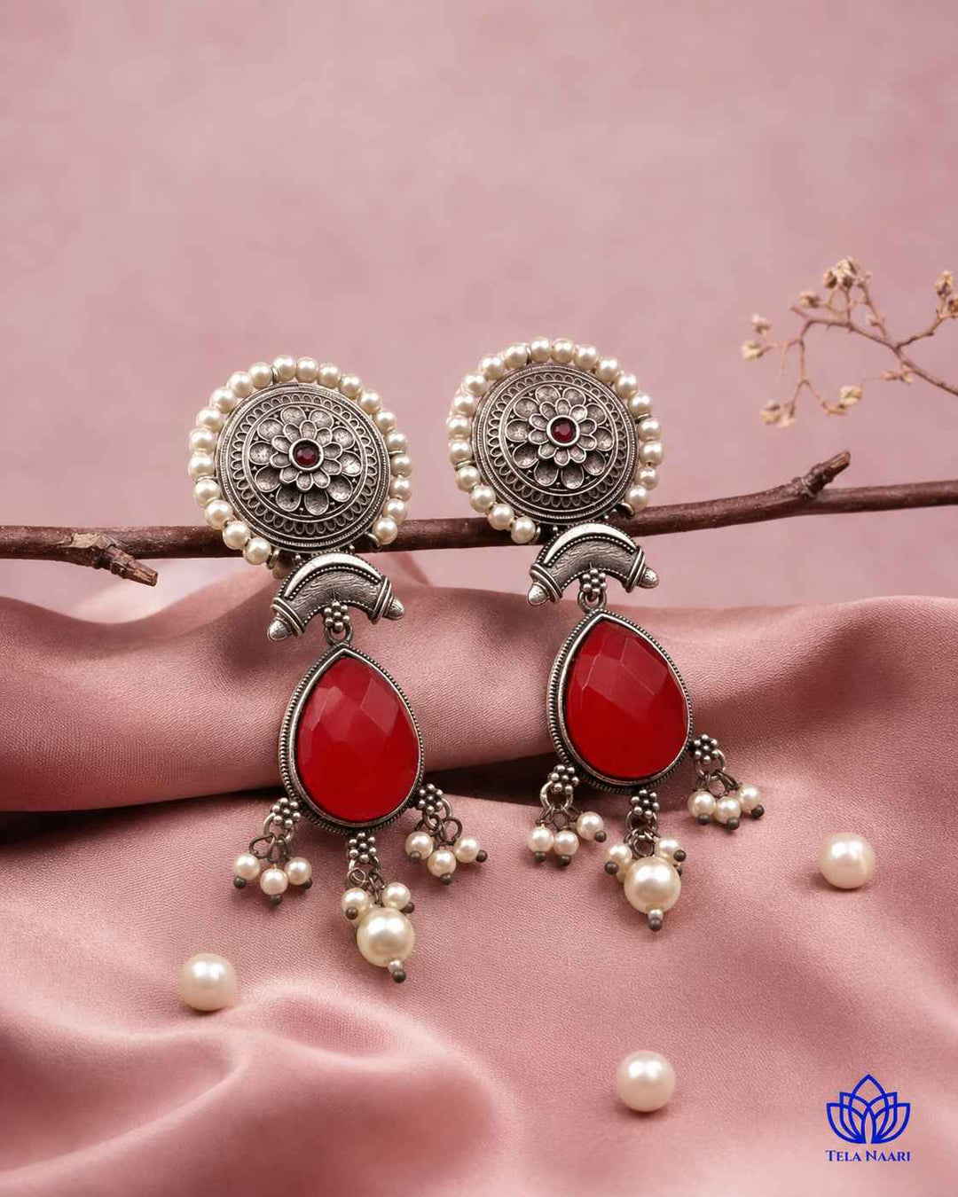 Maitri Silver Plated Red Earrings