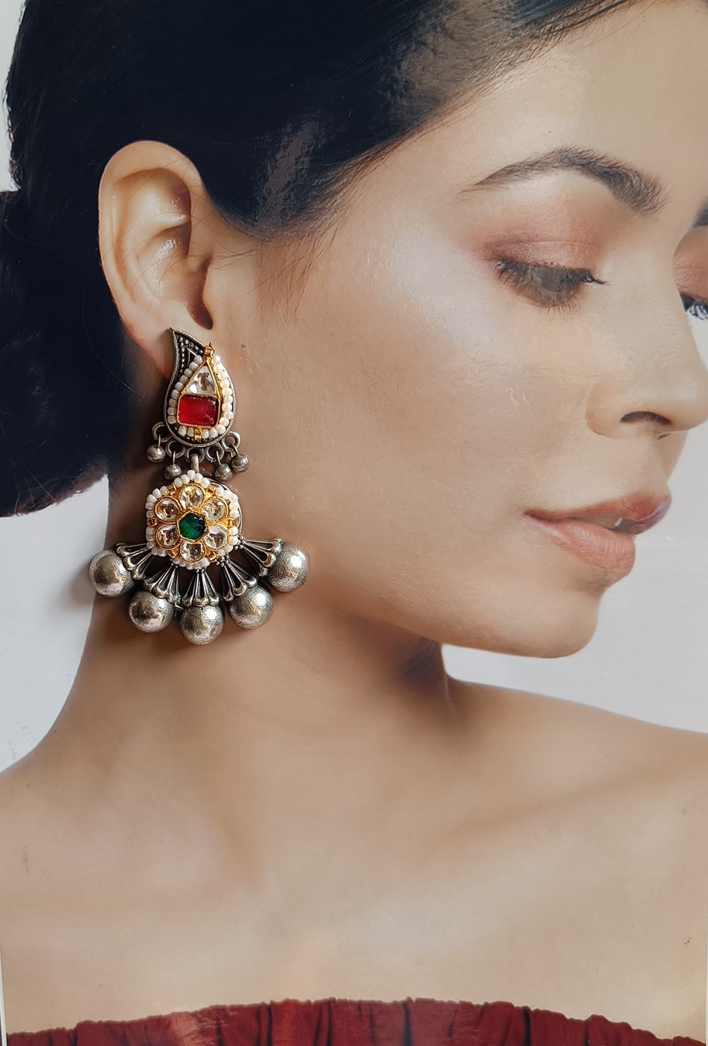Elegant Sandhya Dual Tone Pachi Kundan Fushion Silver Plated Earrings - TelaNaari