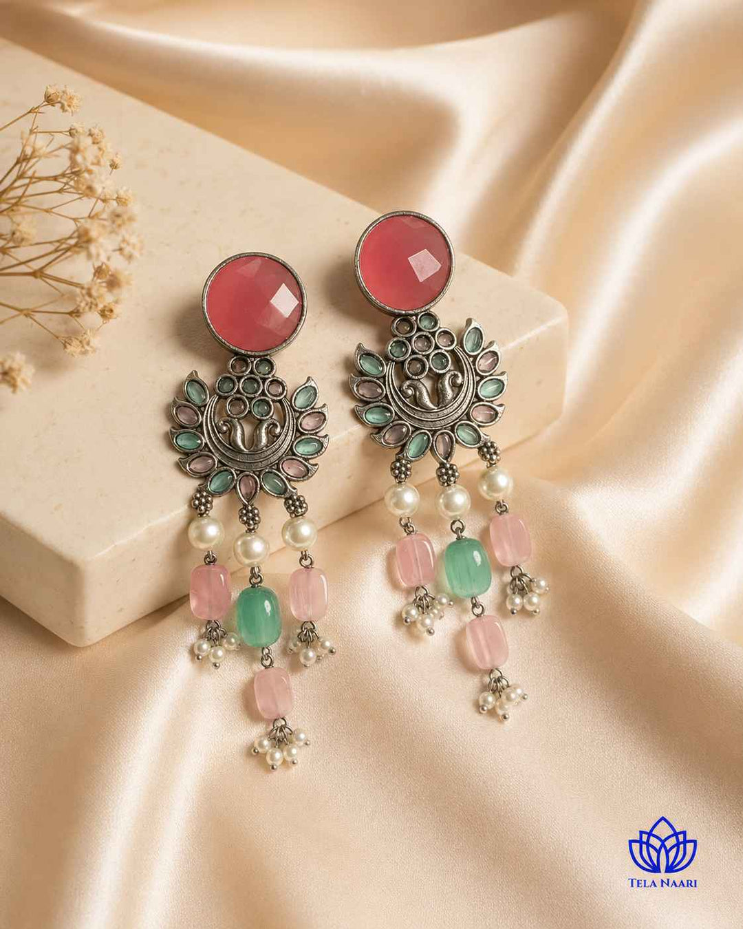 Pink Sky Blue Ezrine Silver-Plated Dangler Earrings