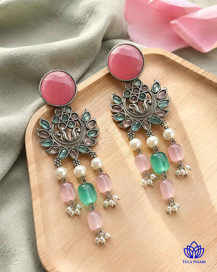 Pink Sky Blue Ezrine Silver-Plated Dangler Earrings