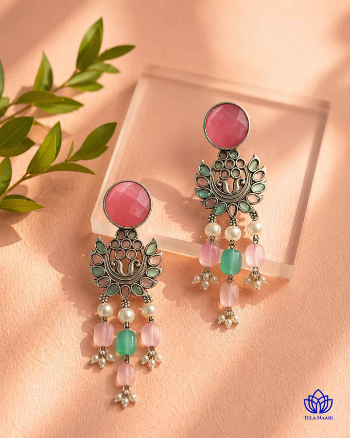 Pink Sky Blue Ezrine Silver-Plated Dangler Earrings