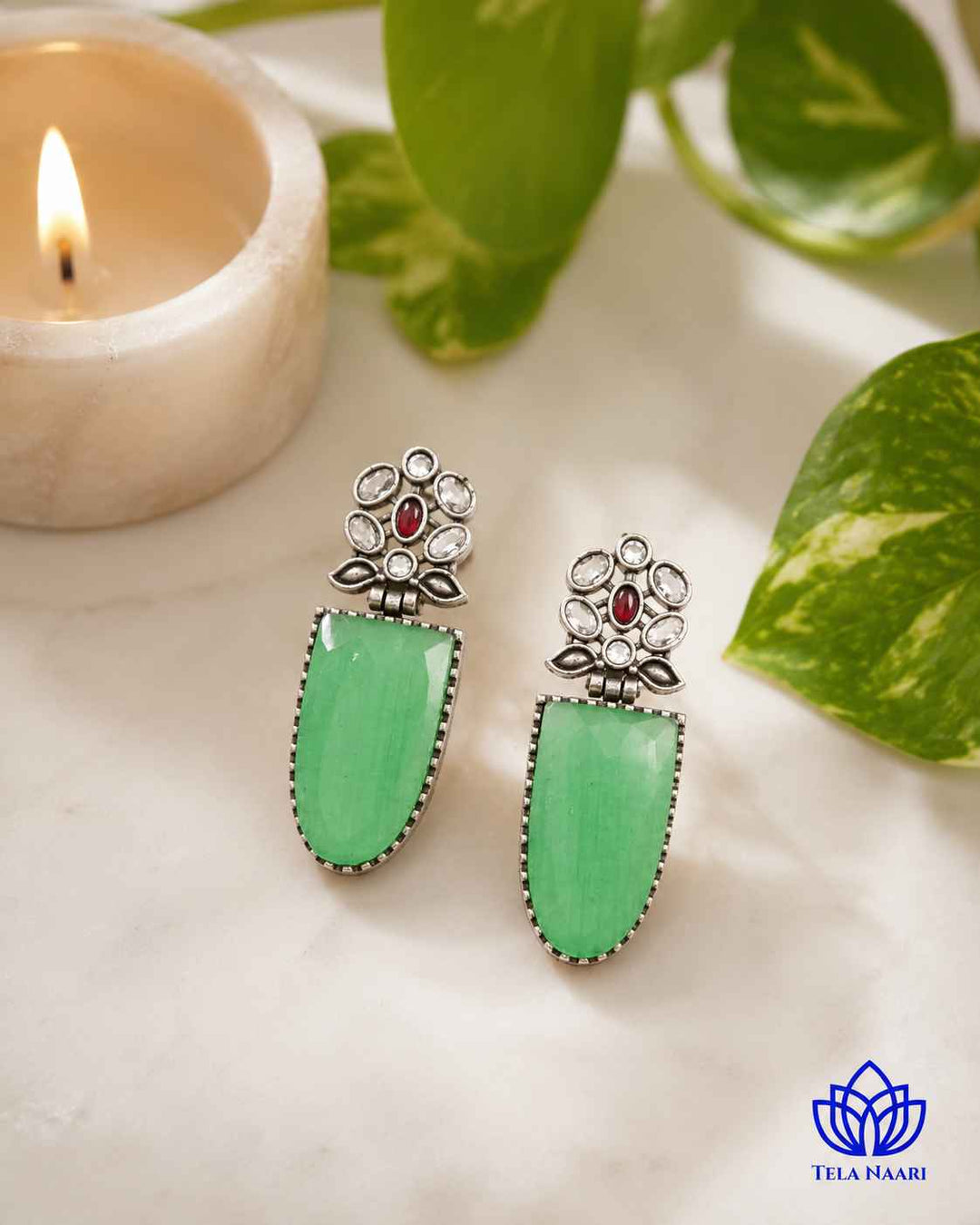Idai Bold Light Green Silver-Plated Statement Earrings for Women