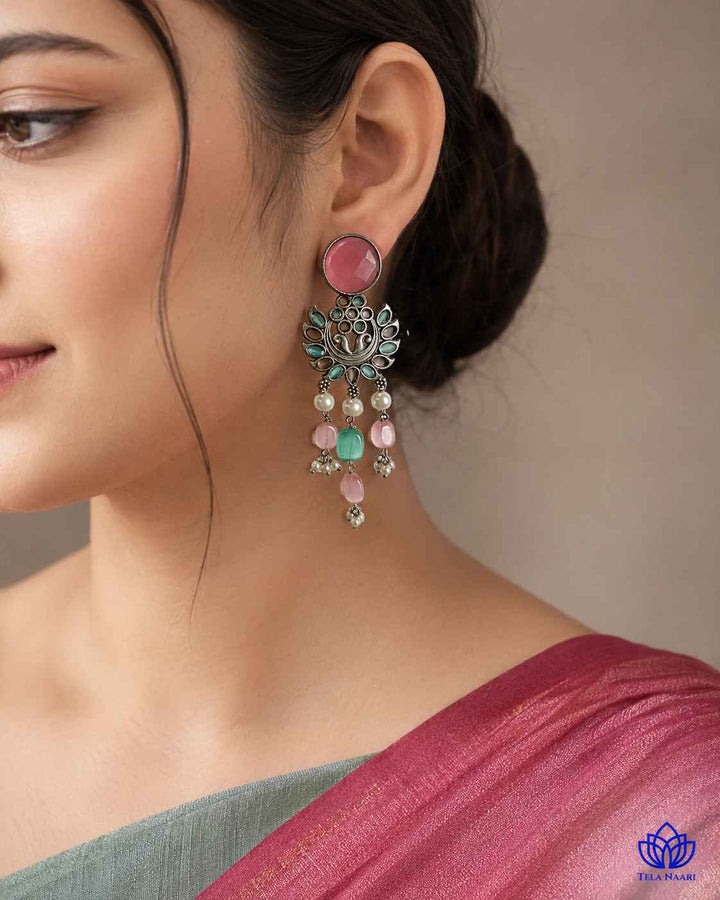 Pink Sky Blue Ezrine Silver-Plated Dangler Earrings