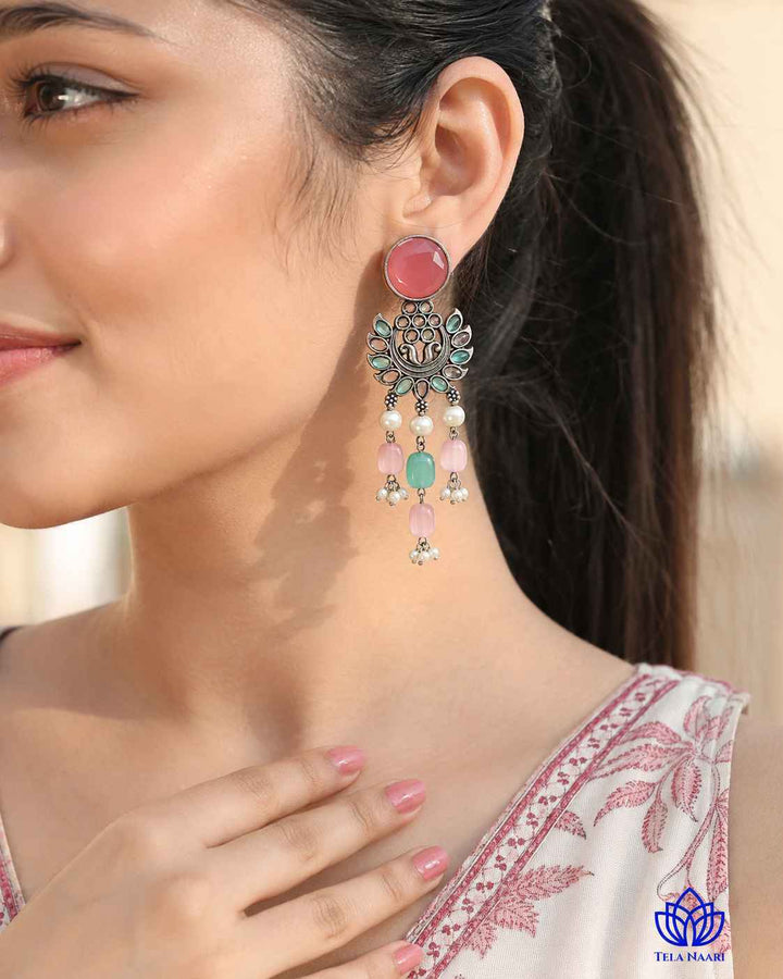 Pink Sky Blue Ezrine Silver-Plated Dangler Earrings