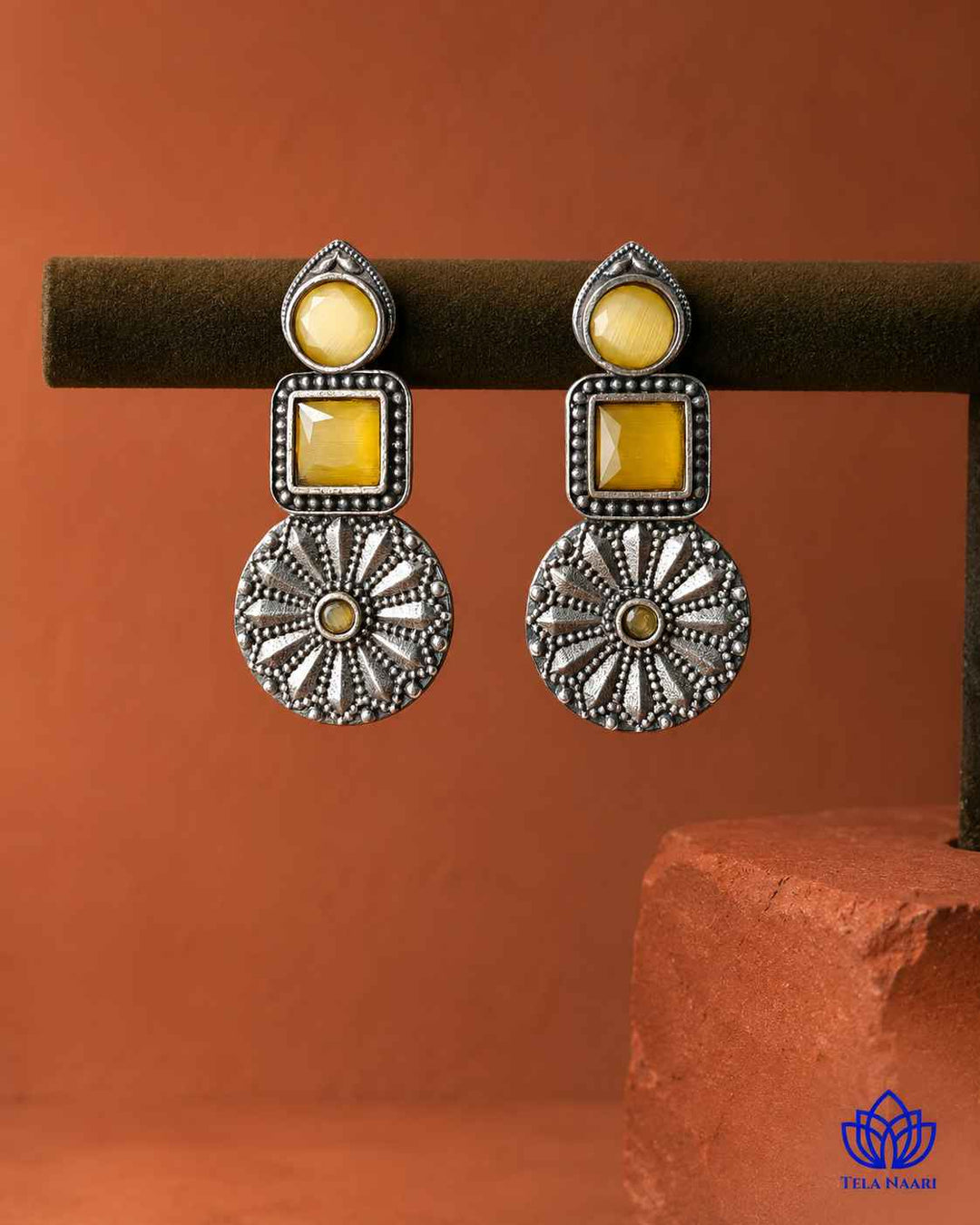 Yellow Eshani Silver Oxidised Stud Earrings