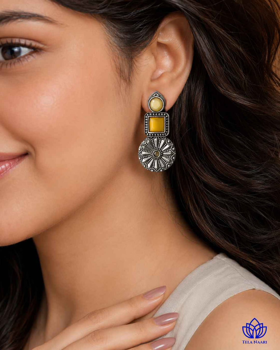 Yellow Eshani Silver Oxidised Stud Earrings
