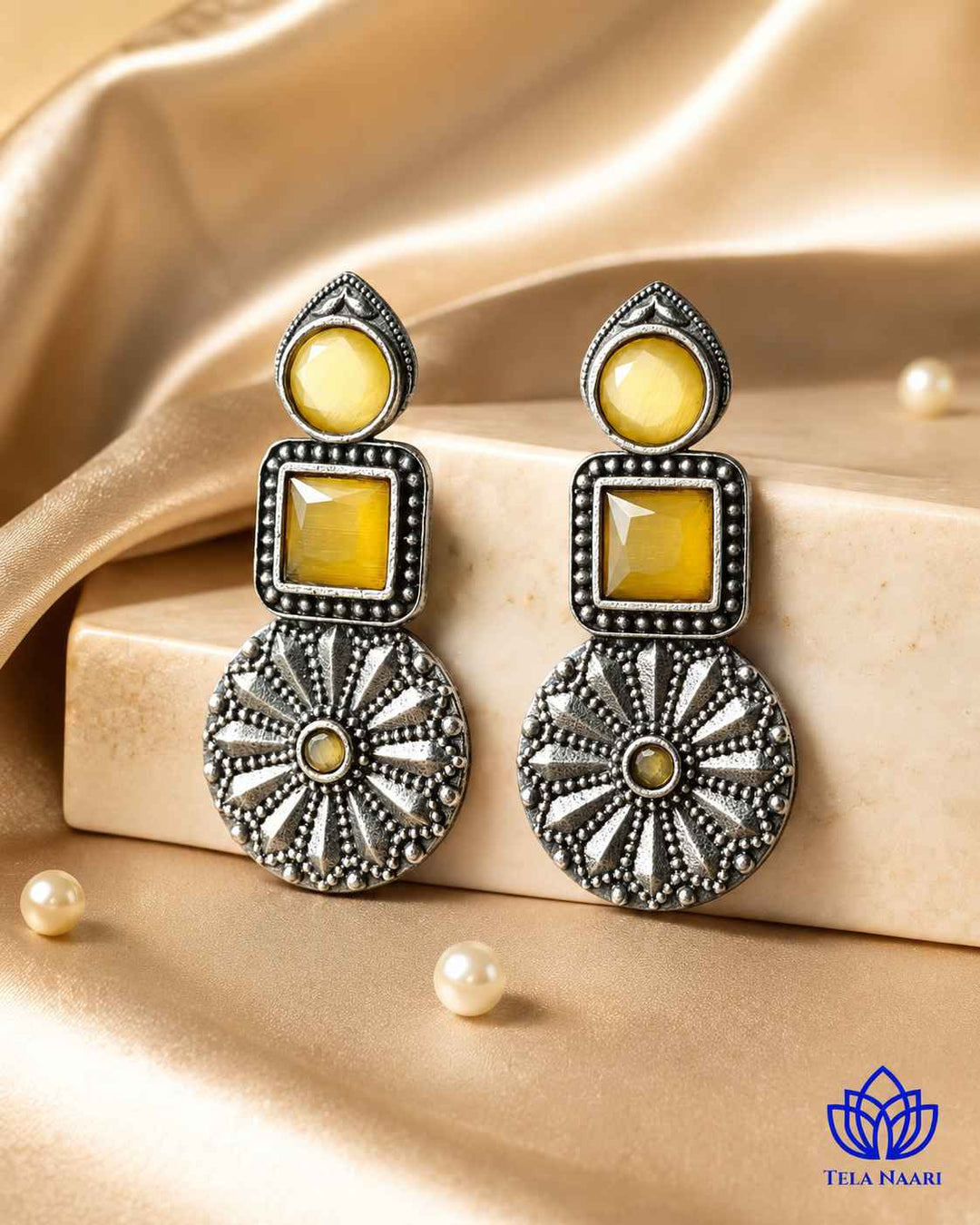 Yellow Eshani Silver Oxidised Stud Earrings