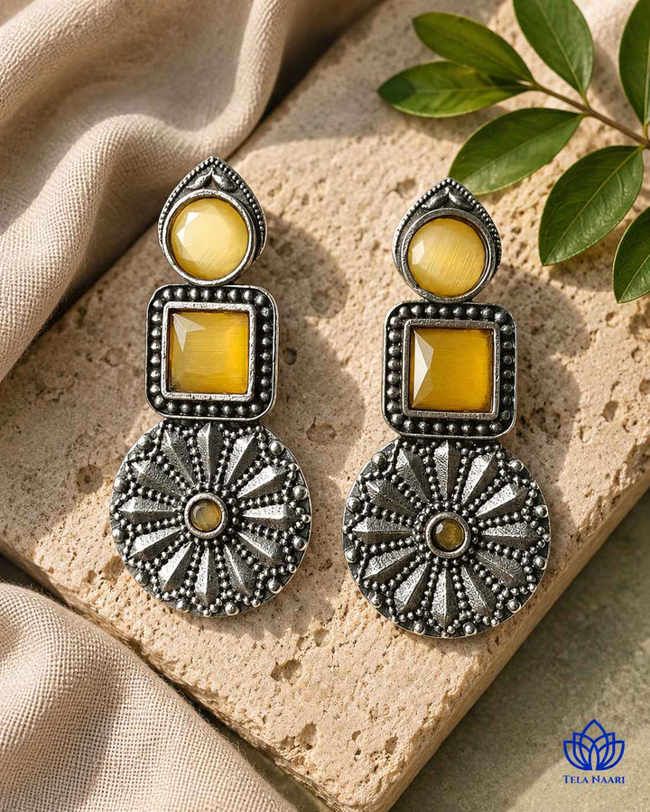Yellow Eshani Silver Oxidised Stud Earrings
