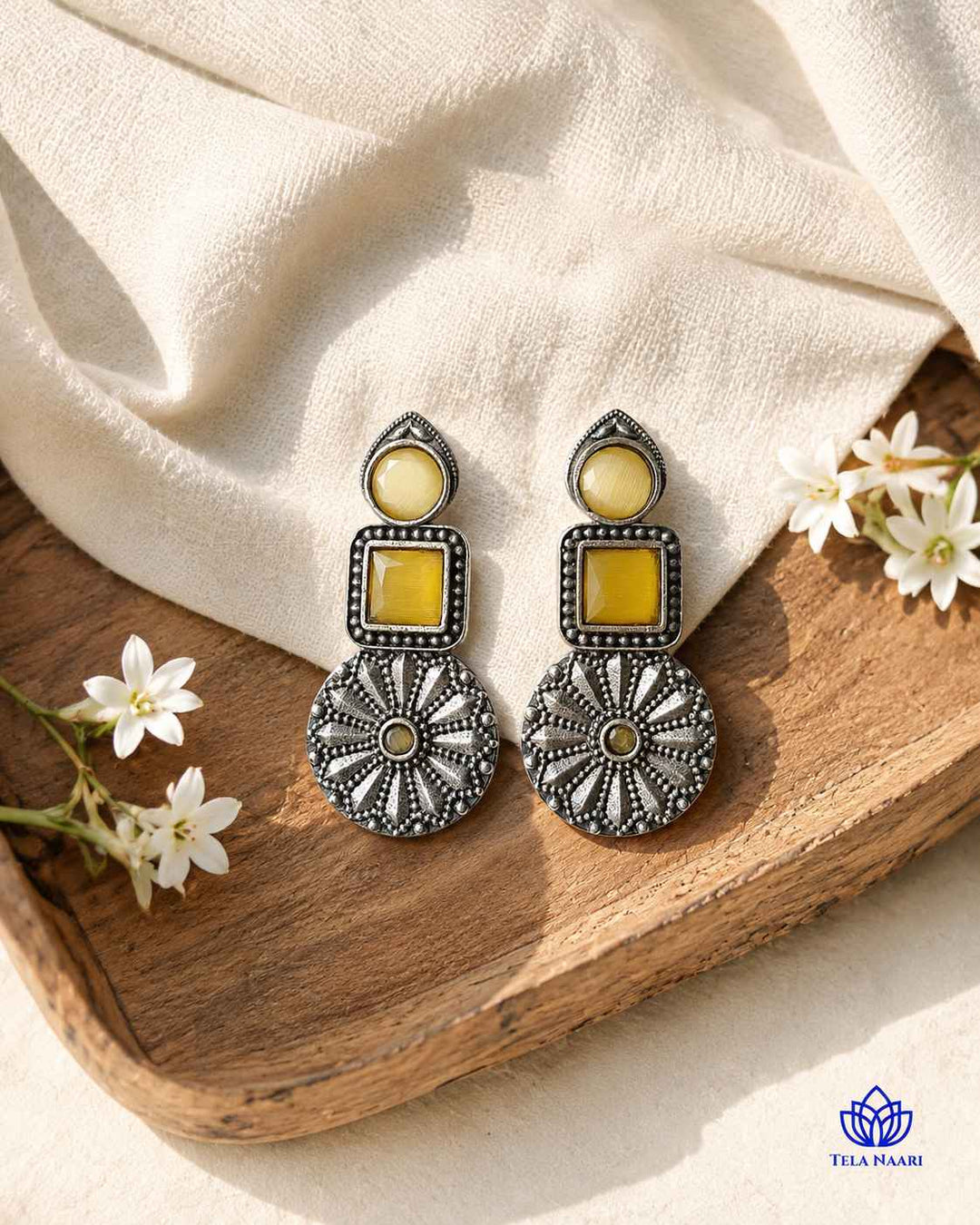 Yellow Eshani Silver Oxidised Stud Earrings