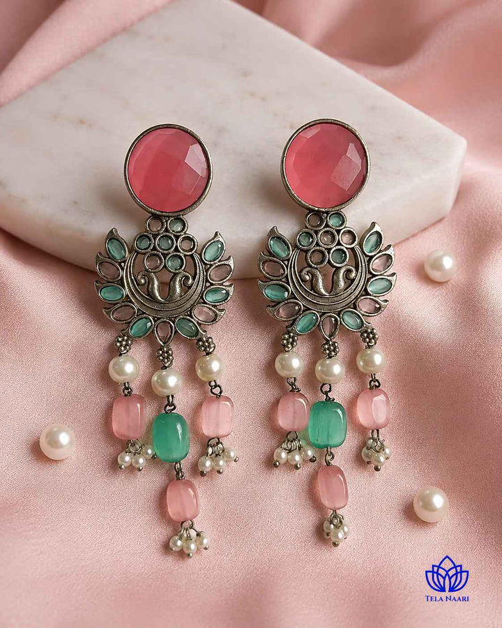 Pink Sky Blue Ezrine Silver-Plated Dangler Earrings