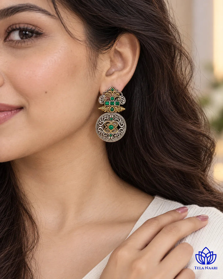 Silver Oxidised Green Temple Round Dual Tone Earrings