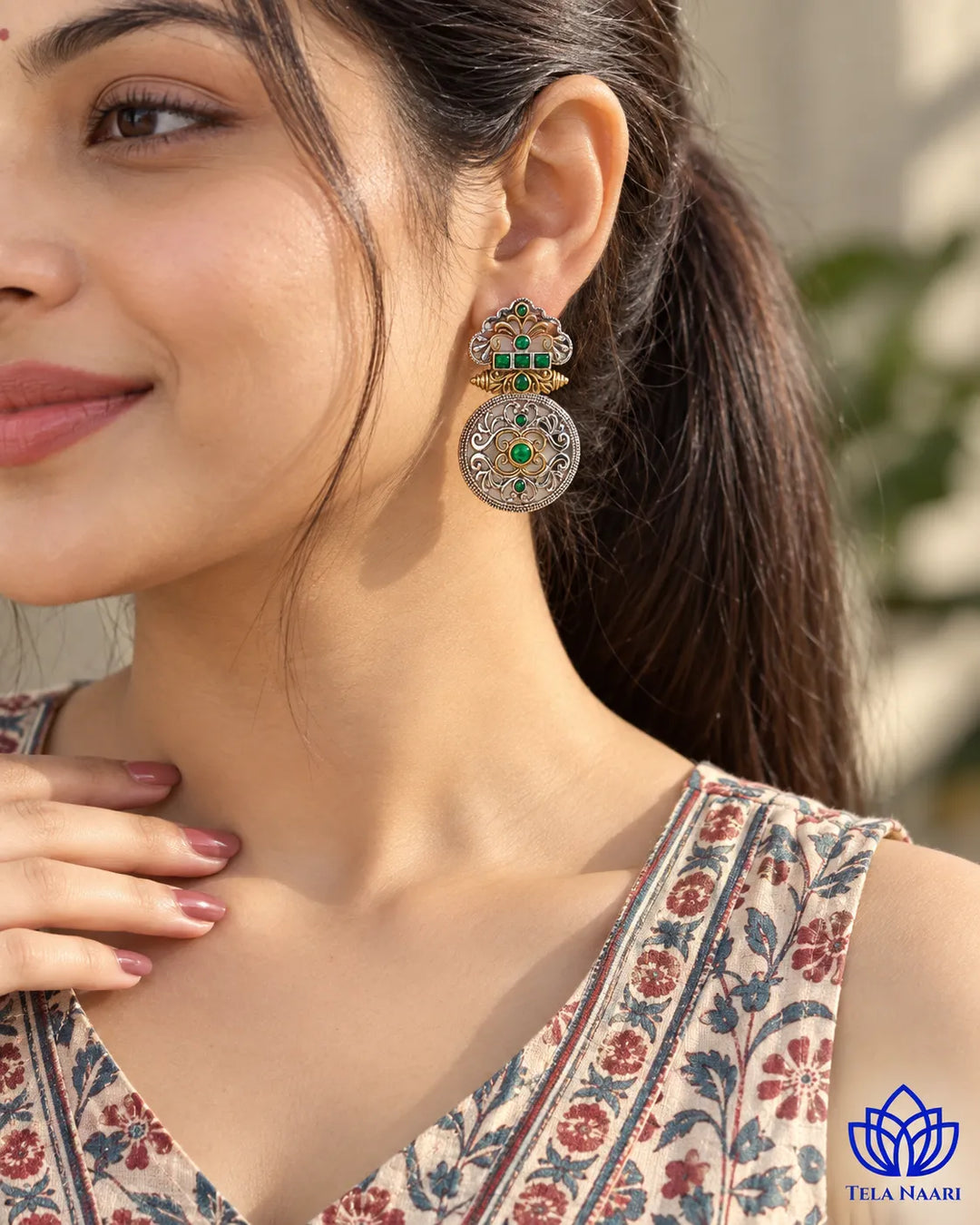 Silver Oxidised Green Temple Round Dual Tone Earrings
