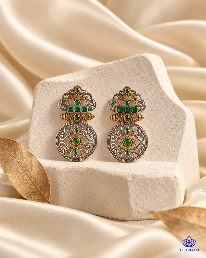 Silver Oxidised Green Temple Round Dual Tone Earrings