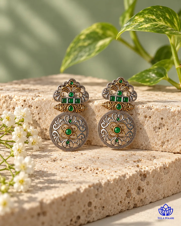 Silver Oxidised Green Temple Round Dual Tone Earrings