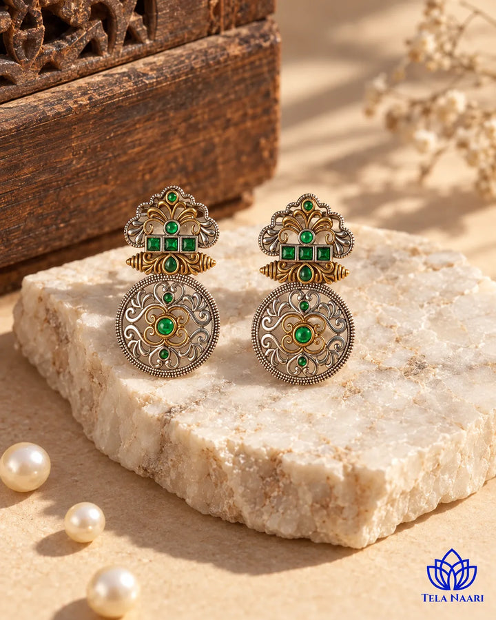 Silver Oxidised Green Temple Round Dual Tone Earrings