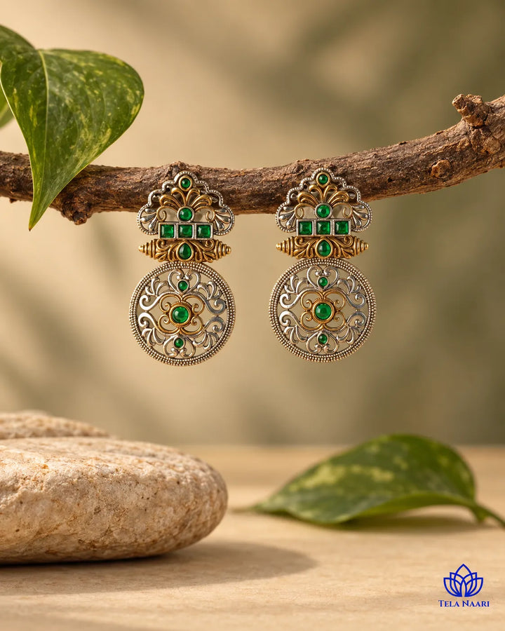 Silver Oxidised Green Temple Round Dual Tone Earrings