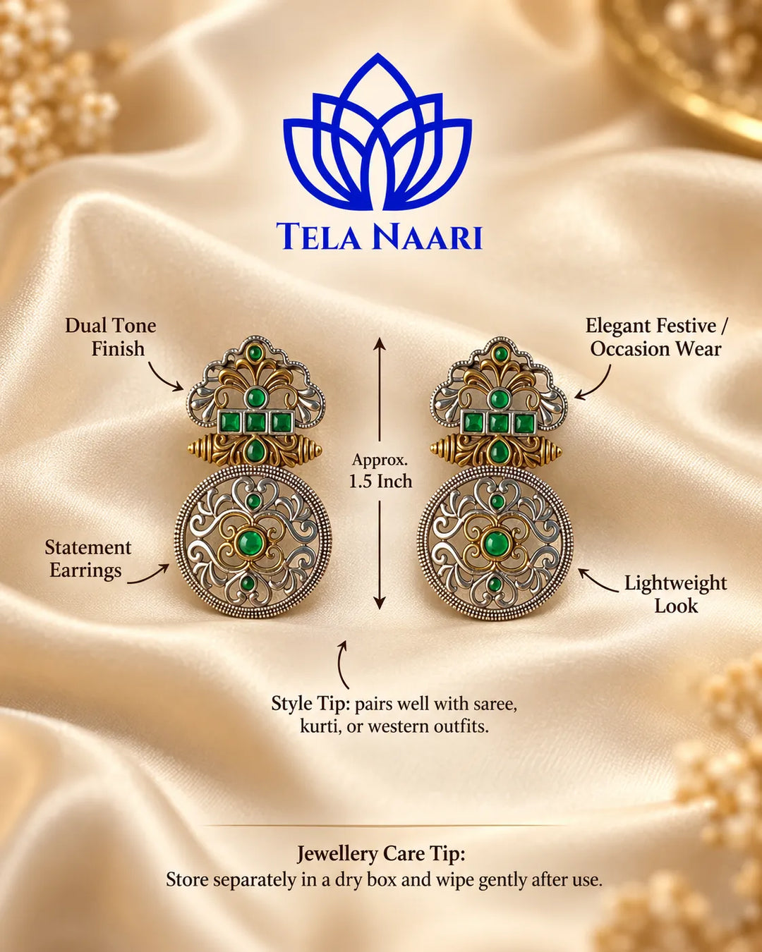 Silver Oxidised Green Temple Round Dual Tone Earrings