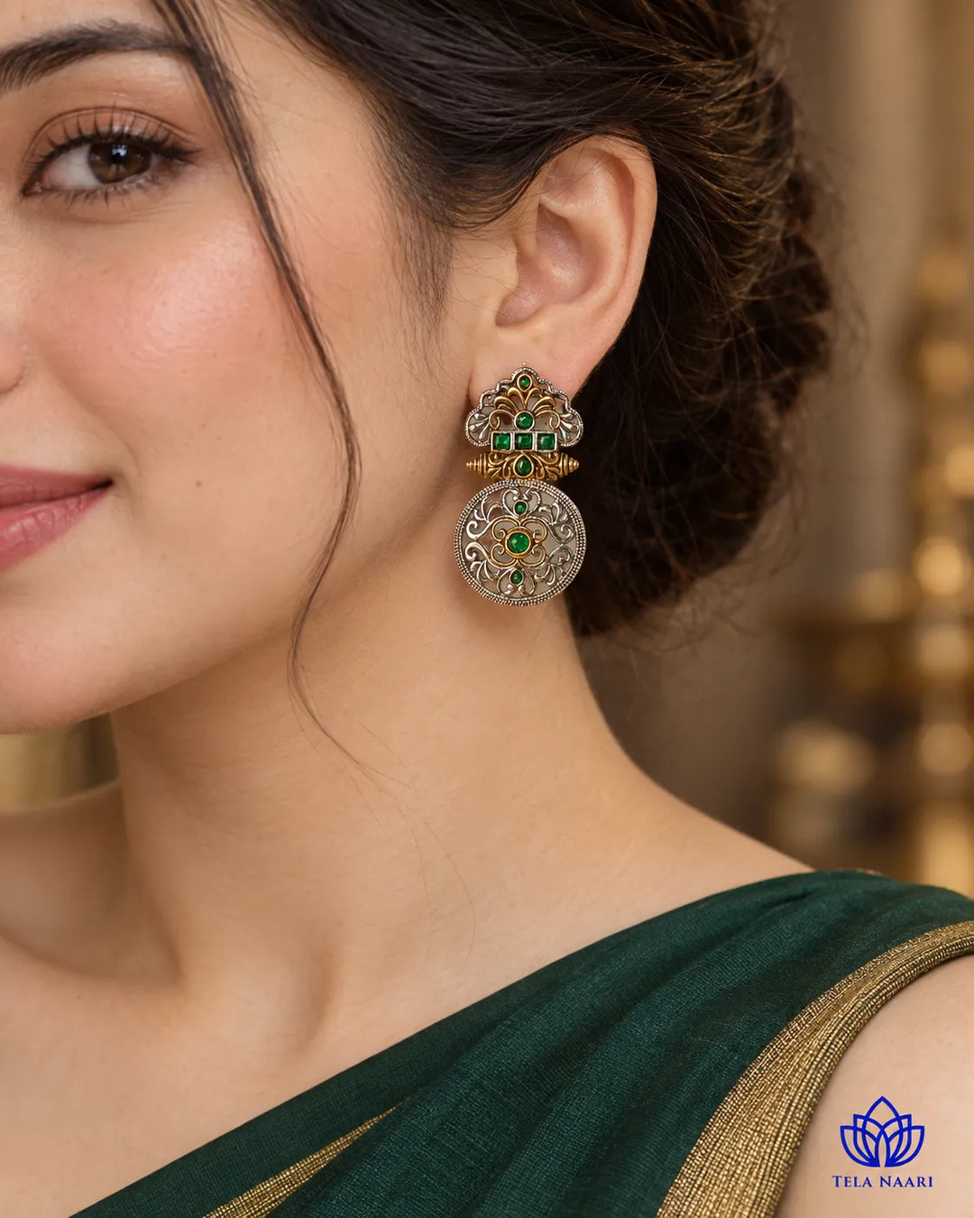 Silver Oxidised Green Temple Round Dual Tone Earrings