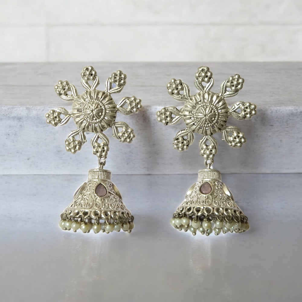 Tela Naari Celestial Silver Replica Jhumka Earrings - TelaNaari