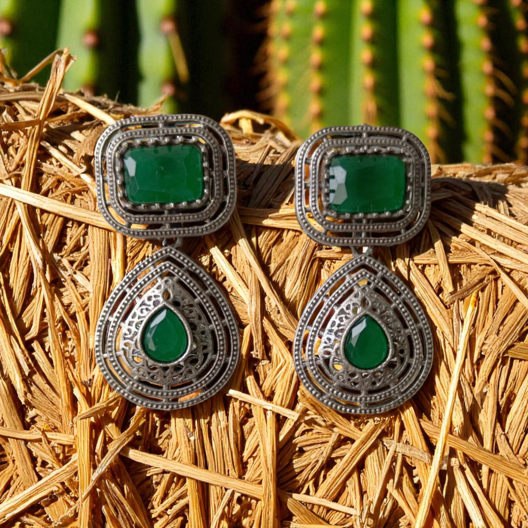 Tela Naari Silver Oxidised Dual Gem Bhumi Teardrop Earrings