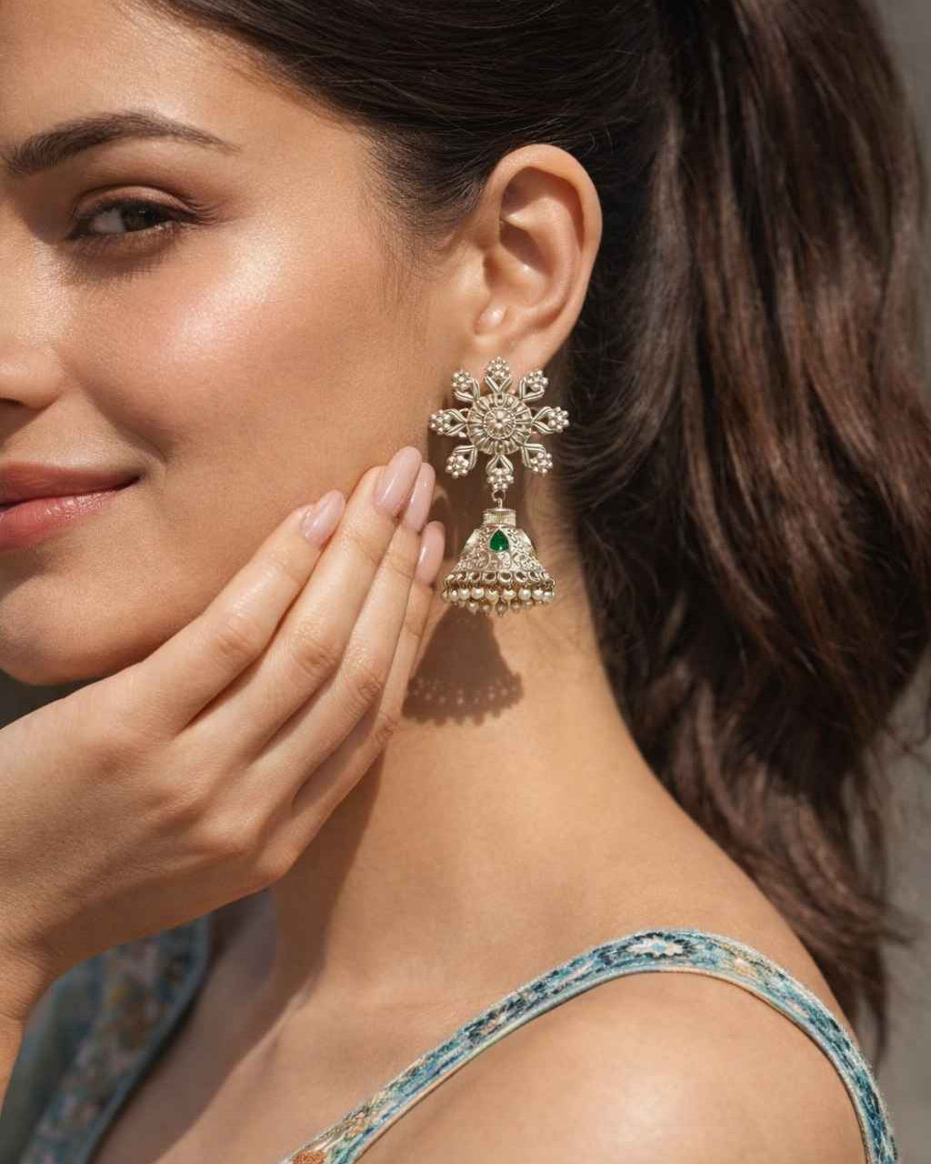 Tela Naari Celestial Silver Replica Jhumka Earrings