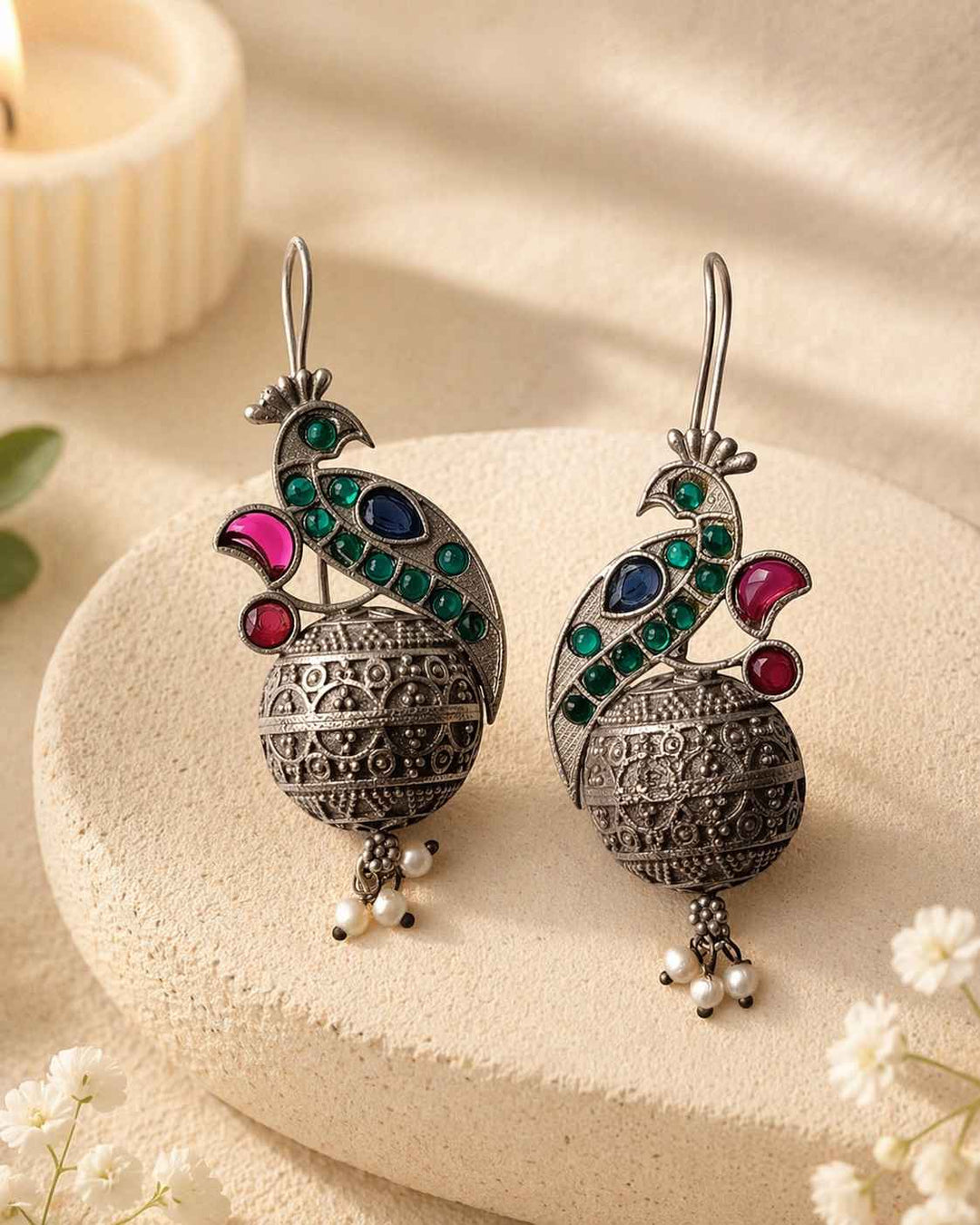 Classic Iravati Silver Plated Green Hook Earrings