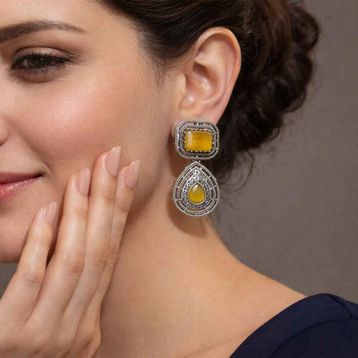 Tela Naari Silver Oxidised Dual Gem Bhumi Teardrop Earrings