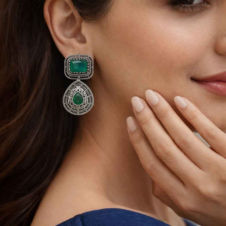 Tela Naari Silver Oxidised Dual Gem Bhumi Teardrop Earrings