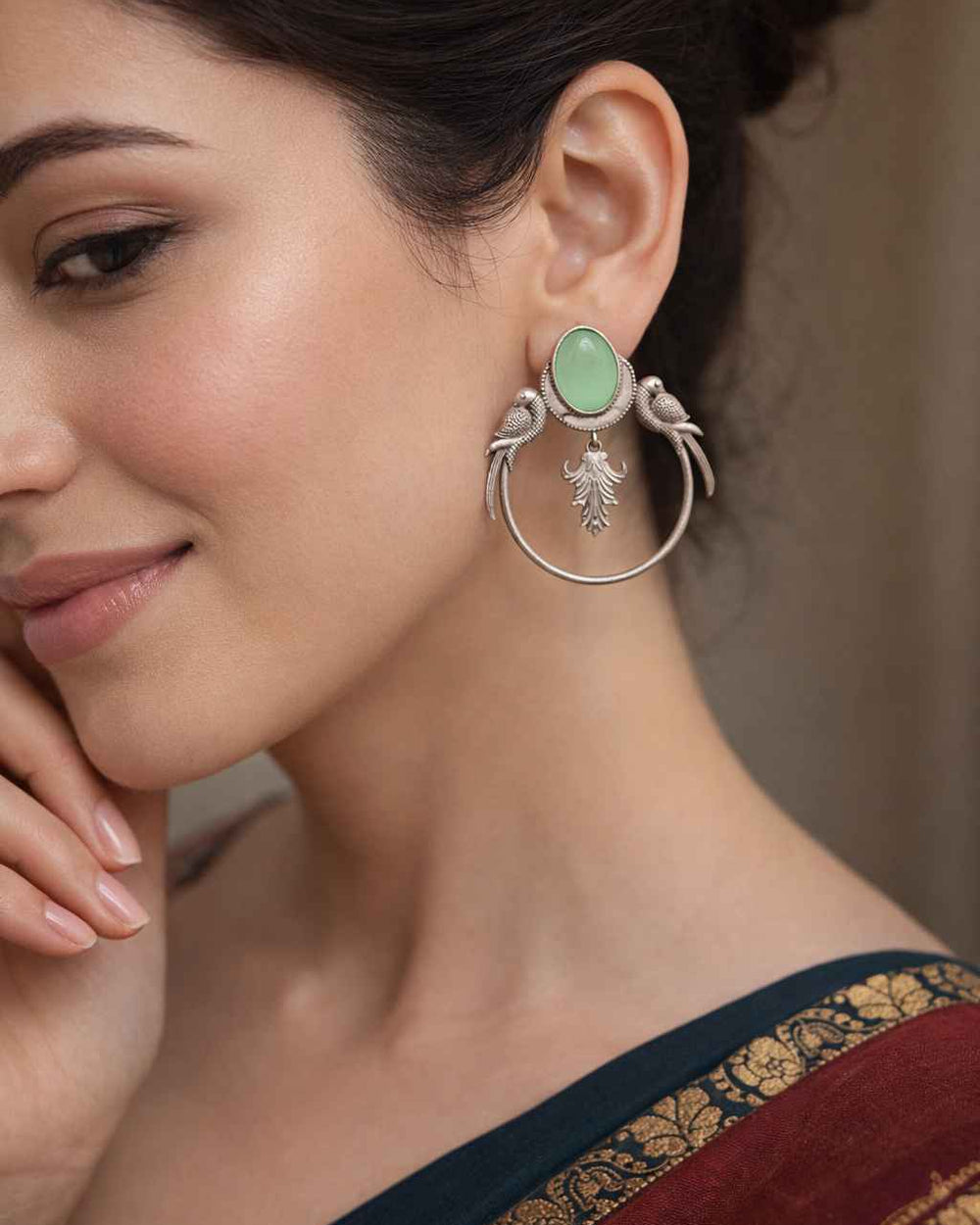 Classic Indumati parrot earrings side view – quirky ethnic jewellery by TelaNaari