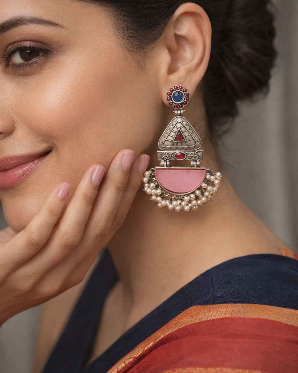 Aasha silver plated pearl earrings Yellow variant styled – ethnic jewellery by TelaNaari