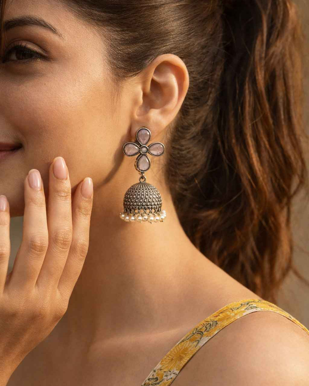 Elegant Yogita Silver Oxidised Jhumki Earrings