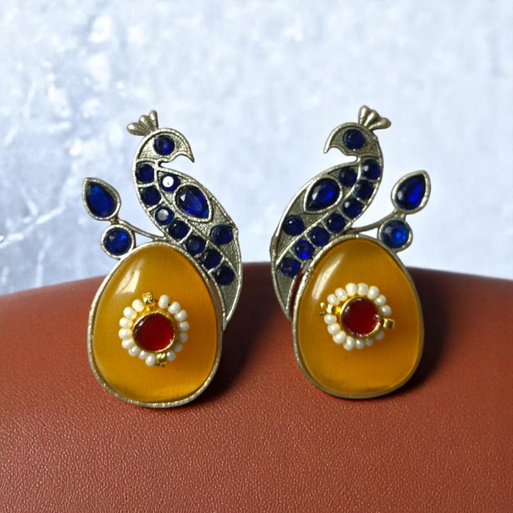 Peacock Silver Oxidised Earrings Mayuri - TelaNaari