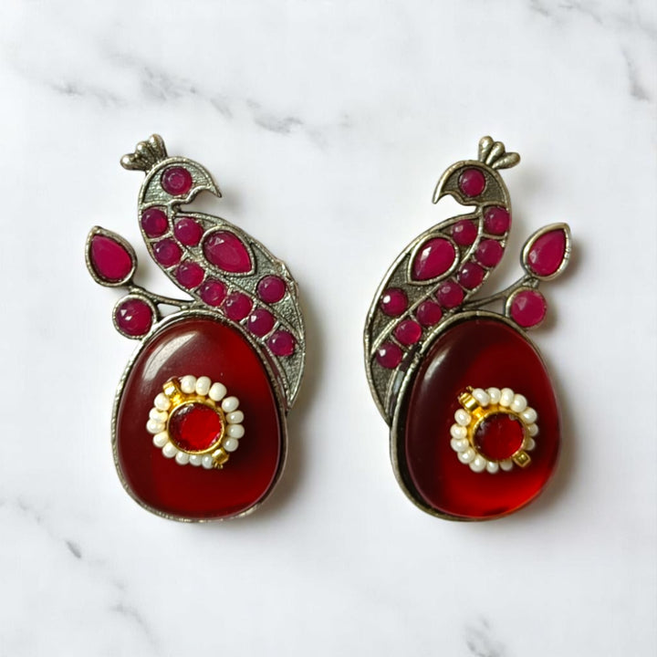 Peacock Silver Oxidised Earrings Mayuri - TelaNaari