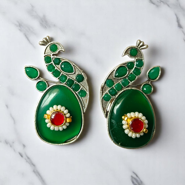 Peacock Silver Oxidised Earrings Mayuri - TelaNaari