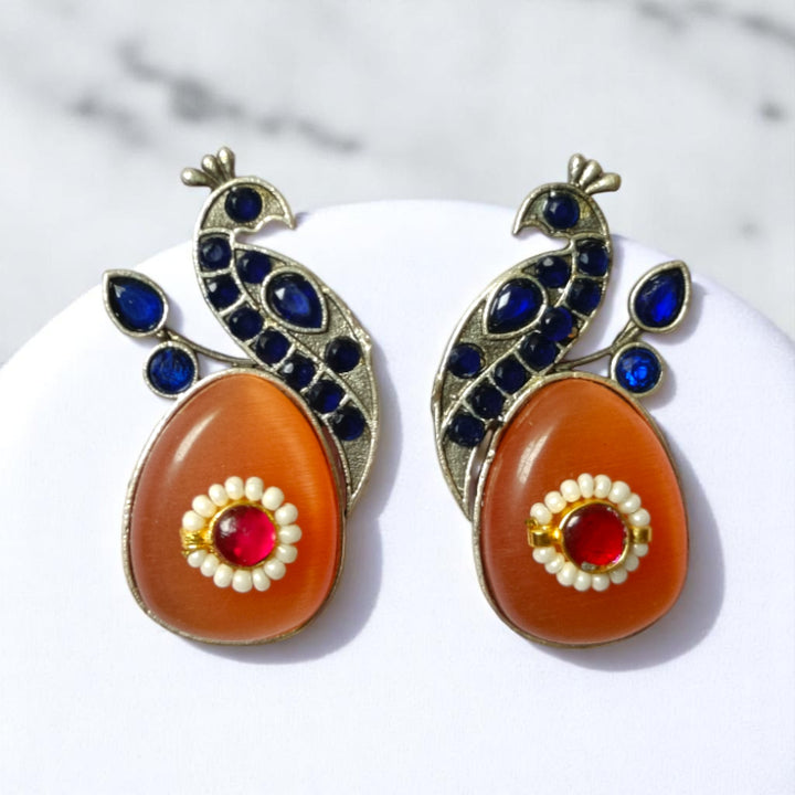 Peacock Silver Oxidised Earrings Mayuri - TelaNaari