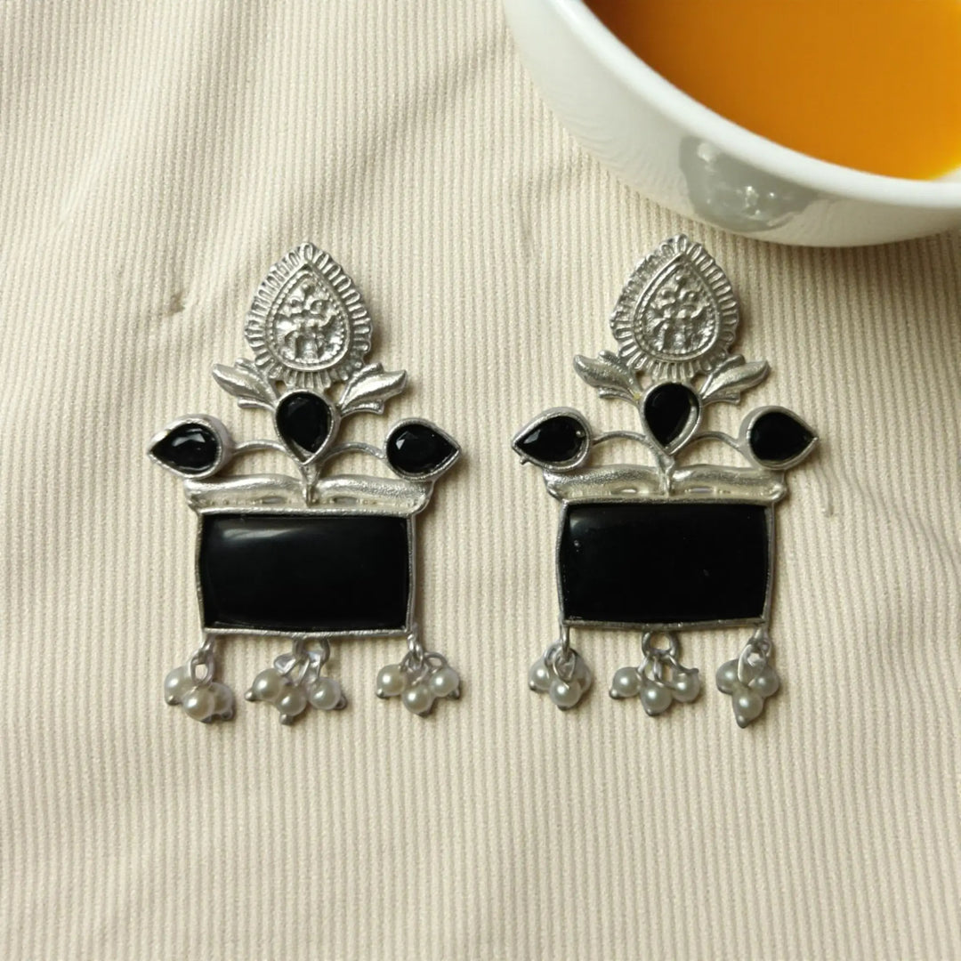 Aananya Silver Oxidised Pearl Earrings
