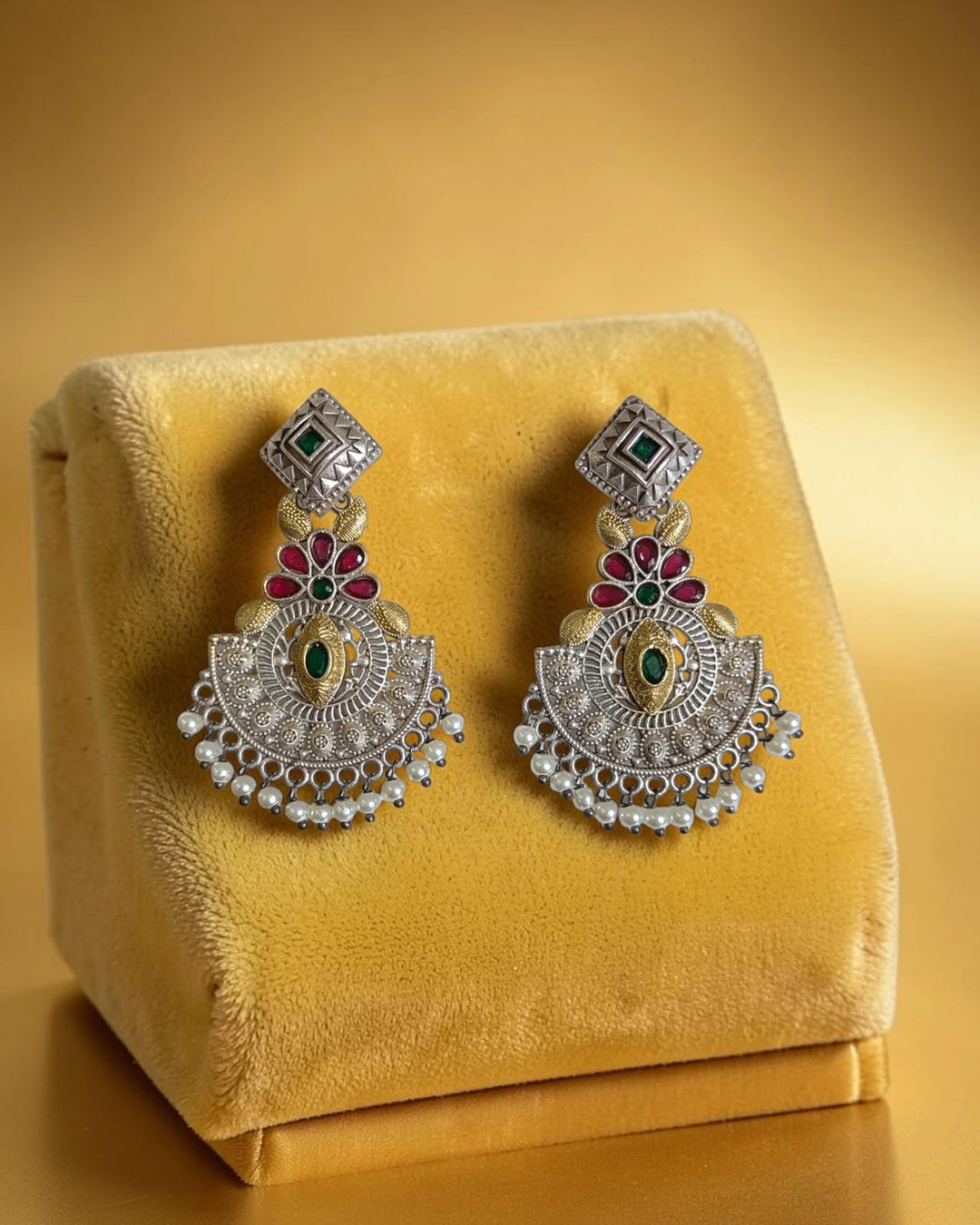 Daania silver oxidised chandbali earrings side view – handcrafted ethnic jewellery by TelaNaari