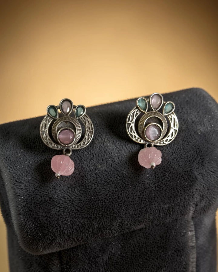 Silver Oxidised Multi-Stone Small Stud Earrings