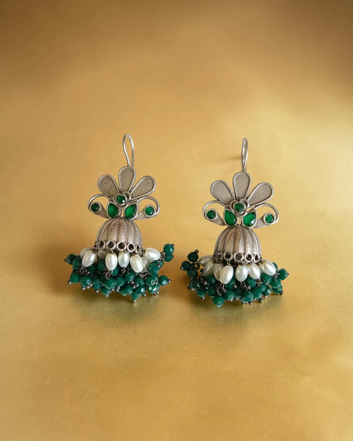 Traditional green beaded silver oxidised jhumka earrings for women – ethnic jewellery by TelaNaari