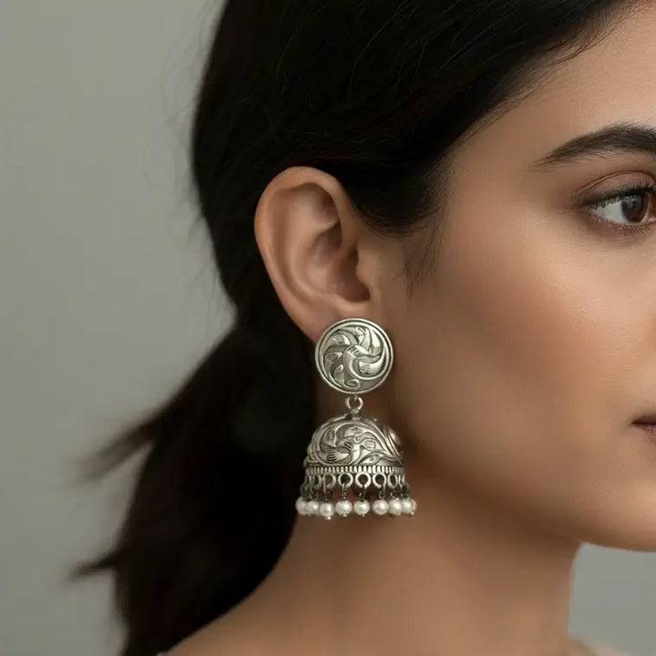 Damini Oxidised Silver-Plated Jhumka Earrings