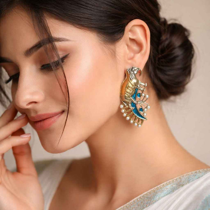 Tela Naari Elephant Motif Temple Dual Tone Earrings