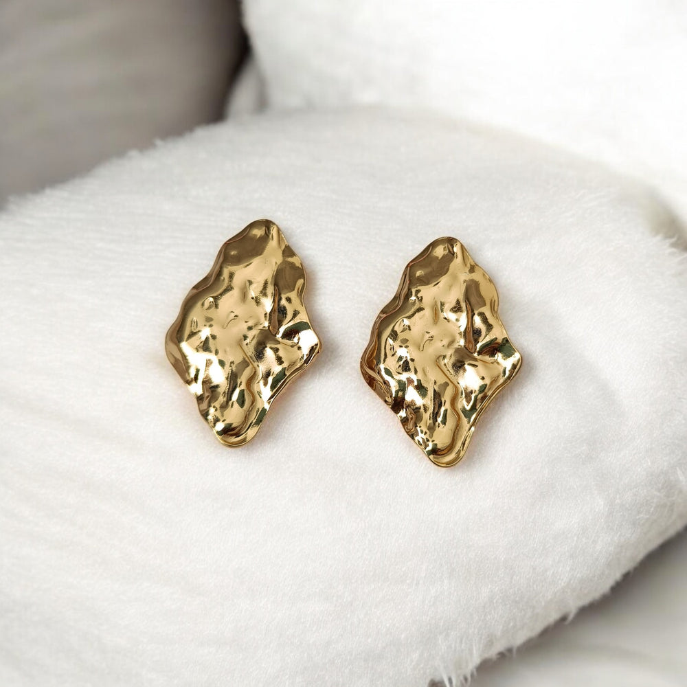 Telanaari Voguish 18K Gold Plated Stainless Steel Vinci Tarnish-Free Waterproof Hammered Textured Stud Earrings - TelaNaari