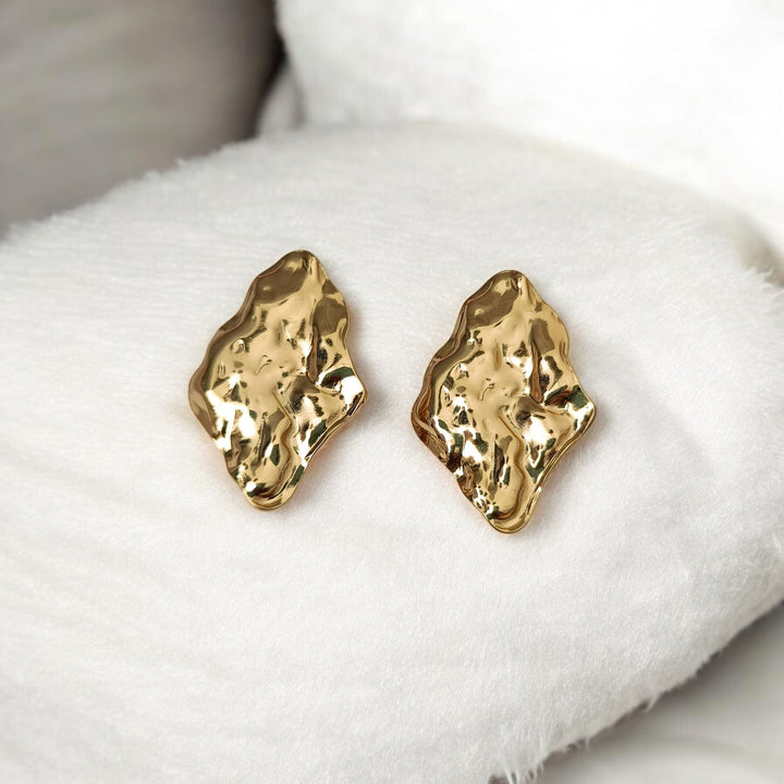 Telanaari Voguish 18K Gold Plated Stainless Steel Vinci Tarnish-Free Waterproof Hammered Textured Stud Earrings - TelaNaari