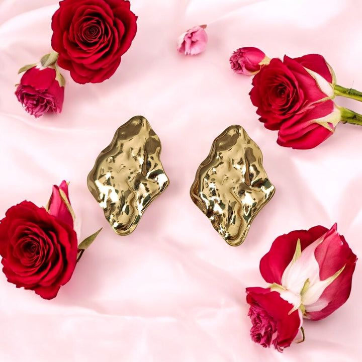 Telanaari Voguish 18K Gold Plated Stainless Steel Vinci Tarnish-Free Waterproof Hammered Textured Stud Earrings - TelaNaari